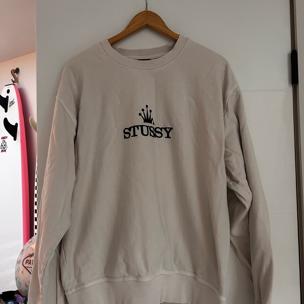 Stussy Cream Crewneck Sweatshirt with Black Logo